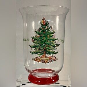 SPODE Glass 8” Hurricane Candle Holder With Santa Topped Christmas Tree Red Base